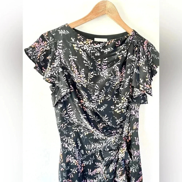 Cinq a Sept Nanon Silk Ruched Black Floral Ruffle Midi Sheath Dress Size 4 - Picture 4 of 16